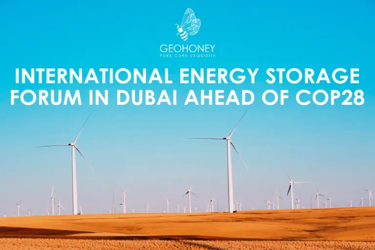 A conference banner for the Energy Storage Forum 2023 in Dubai, with theme "Driving Energy Transition Pathways Towards COP28.